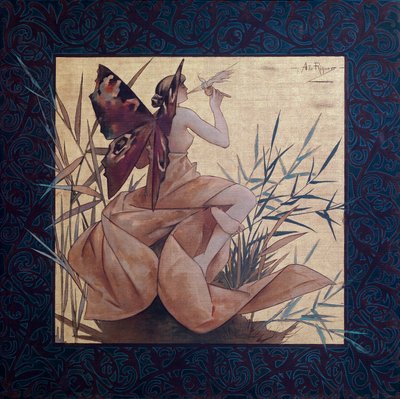 Komposisjon med en bevinget nymfe mellom sivet - Maleri av Alexandre de Riquer i Ynglada (1856-1920) av Alejandro de Riquer