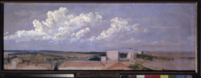 Skyer over havkysten. Landskap med noen få hus langs kysten, toppet av store hvite skyer. Verk av Alexander Andreyevich Ivanov (1806-1858), olje på papir av Aleksandr Andreevich Ivanov