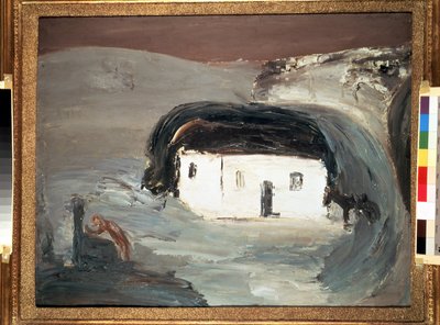 Paysage avec une maison blanche (Landscape with a white house). Peinture de Alexander Davidovich Drevin (1889-1938). Huile sur toile, 74 x 92 cm   1323569   no       norwegian Successfully Translated  Original: Eight small drawings, including portrait, fig av Aleksandr Davidovic Drevin