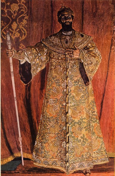 Portrett av Fjodor Ivanov Shaliapin 1873-1939 i rollen som Boris Godunov, 1912, 1965. av Aleksandr Jakovlevic Golovin