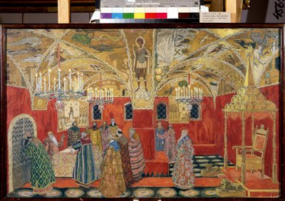 I Kreml. Forberedende tegning til operaen Boris Godunov av Modeste Mussorgsky (1839-1881) (I Kreml. Scenografi til operaen Boris Godunov av M. Mussorgsky). Verk av Alexander Yakovlevich Golovin (Alexander Golovin) (1863-1930), akvarell og av Aleksandr Jakovlevic Golovin