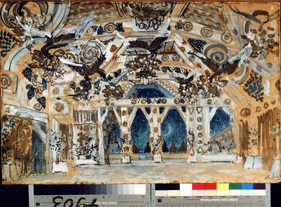 Decor pour la piece de theater La Dame de la mer de Henrik (Henri) Johan Ibsen (1828-1906) (Scenedesign til teaterstykket Fruen fra havet av H. Ibsen). Oeuvre av Alexander Yakovlevich Golovin (Alexandre Golovine) (1863-1930), pastell på kartong av Aleksandr Jakovlevic Golovin