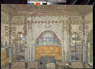 Dekorpreparatoire for stykket ""Othello"" av William Shakespeare (1564-1616) (Scenedesign for stykket Othello av William Shakespeare) - Peinture de Alexander Yakovlevich Golovin (Alexandre Golovine) (1863-1930), tempera sur bois av Aleksandr Jakovlevic Golovin
