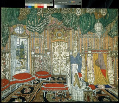 Forberedende dekor for teaterstykket Figaros bryllup av Pierre Augustin Caron de Beaumarchais (1732-1799) (Scenedesign for teaterstykket Figaros bryllup av P. de Beaumarchais). Maleri av Alexander Yakovlevich Golovin (Alexander Gol av Aleksandr Jakovlevic Golovin