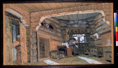 Forberedende sett til operaen The Pskov Maiden av N.Rimsky Korsakov (Rimsky-Korsakov) (1844-1908). Beskrivelse av interiøret i en av Aleksandr Jakovlevic Golovin
