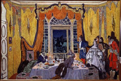 Forberedende dekor for operaen ""Le guest de pierre"" av Alexandre Dargomyjski (1813-1869) (Scenedesign for operaen Steingjesten, av A. Dargomyzhsky). Maleri av Alexander Yakovlevich Golovin (Alexander Golovin) (1863-1930), olje på tre av Aleksandr Jakovlevic Golovin