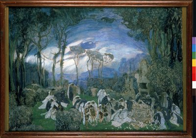Forberedende dekor for operaen Orpheo et Eurydice, av Christoph Willibald Gluck (1714-1787) (Scenedesign for operaen Orpheo og Euridice av Ch. Gluck). Verk av Alexander Yakovlevich Golovin (Alexandre Golovine) (1863-1930), gouache og pastell på lerret av Aleksandr Jakovlevic Golovin