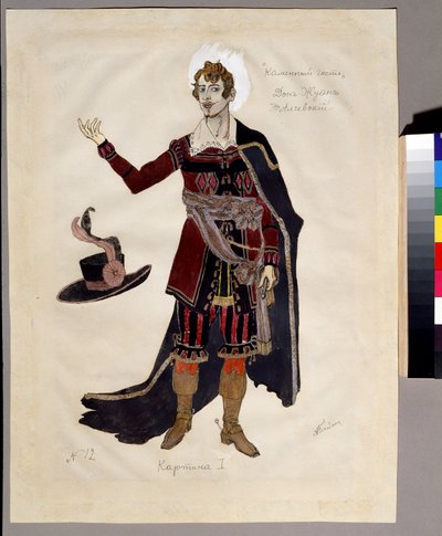 Kostymedesign for operaen ""Le guest de pierre"" av Alexandre Dargomyjski (1813-1869) (Kostumedesign for operaen Steingjesten av A.Dargomyzhsky). Verk av Alexander Yakovlevich Golovin (Alexander Golovin) (1863-1930); Akvarell, gouache og f.eks av Aleksandr Jakovlevic Golovin