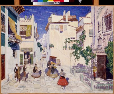 Une rue a Sevilla (Spania), Dekor for operaen Carmen av Georges Bizet (1838-1875) (A Street in Sevilla, Scenedesign for operaen Carmen av G.Bizet). Verk av Alexander Yakovlevich Golovin (Alexander Golovin) (1863-1930), tempera på papir av Aleksandr Jakovlevic Golovin