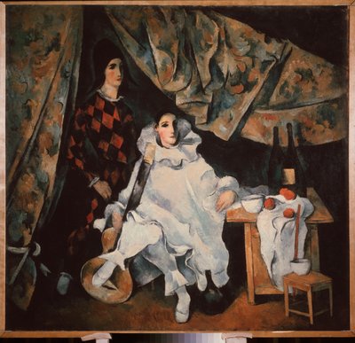Cyrano sjongleringsbrødrene. (i Pjerrot og Harlekin-drakt). Maleri av Alexander Vasilyevich Shevchenko (Alexander Shevchenko) (1883-1948), olje på lerret av Aleksandr Vasilievich Shevchenko