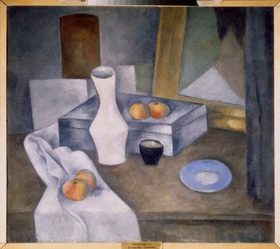 Stilleben med epler og blå tallerken (Stilleben med epler og blå tallerken) - Verk av Alexander Vasilyevich Shevchenko (Alexander Chevtchenko) (1883-1948), olje på papp, cirka 1910 - russisk kunst, 1900-tallet, avantgarde - statsrussisk Museum, S av Aleksandr Vasilievich Shevchenko