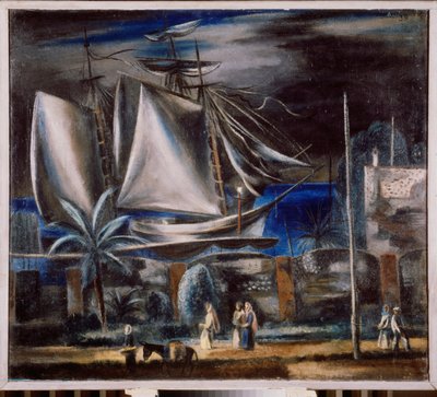 Port marin, la nuit (Et høyt skip fortøyer ved Svartehavet) - Havn om natten - Maleri av Alexander Vasilyevich Shevchenko (Alexander Shevchenko) (1883-1948), olje på lerret av Aleksandr Vasilievich Shevchenko
