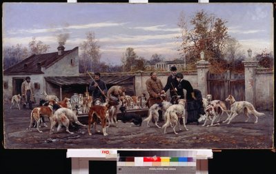 På en kennel. På gårdsplassen til en jakthundegård kom et par for å velge hund. Kvinnen peker på en valp tilbudt av oppdretteren. Ansatte tar seg av å mate hundene. Maleri av Alexei Danilovich Kivshenko (1 av Aleksei Danilovich Kivshenko