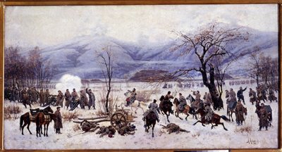 Russisk-tyrkisk (russisk-tyrkisk) krig (1877-1878): Det fjerde slaget ved Shipka-passet i Bulgaria fra 5. til 9. januar 1878 (Det fjerde slaget ved Shipka-passet). Maleri av Alexei Danilovich Kivshenko (1851-1895) av Aleksei Danilovich Kivshenko
