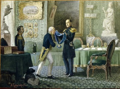 Keiser Nicholas I av Russland (1796-1855) overrekker det blå båndet av Saint Andre-ordenen til grev Mikhail Speranski (1772-1839). (Keiser Nicholas I tildeler The Blue Riband of The Order of St. Andrew To Count Michail Speransky). Verk av Alexei Danilovich av Aleksei Danilovich Kivshenko