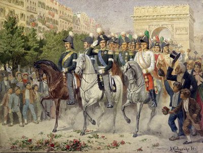 Russiske og allierte styrker marsjerte inn i Paris, 1880 (wc på papir) av Aleksei Danilovich Kivshenko
