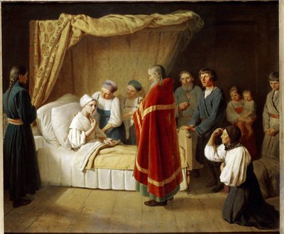 Eukaristien til de døende. En prest fra den ortodokse kirke kommer til sengen til en syk kvinne for å gi henne det liturgiske sakramentet, omgitt av familiemedlemmer. Maleri av Alexei (Alexis) Gavrilovich Venetsianov ( av Aleksei Gavrilovich Venetsianov