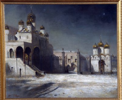 Katedralplassen i Kreml i Moskva om natten. (Katedralplassen i Kreml i Moskva om natten). Maleri av Alexei Kondratyevich Savrasov (Savrasov) (1830-1897), olje på lerret av Alexei Kondratjewitsch Sawrassow