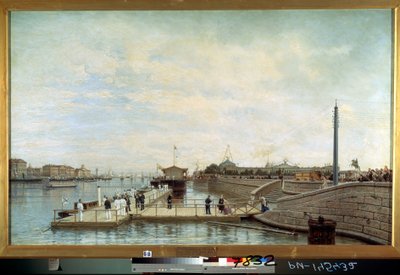 ""Seremoni for 200-årsjubileet (200-årsjubileet) for fødselen av tsar Peter I den store (1672-1725) på Neva i St. Petersburg"" Maleri av Alexei Petrovich Bogolyubov (Bogoliubov eller Bogolioubov) (1824-1896, russisk) 1872 Museum, Sain av Aleksei Petrovich Bogolyubov