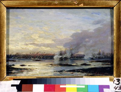 Great Northern War (1700-1721): ""Slaget ved Gangut som så seieren til den russiske flåten (inkludert Gangut cuirass) over den svenske flåten 08.07.1714"" Maleri av Alexei Petrovich Bogolyubov (Bogoliubov eller Bogoliubov) ) (1824-1896) 1876 State A av Aleksei Petrovich Bogolyubov