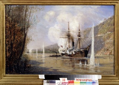 Den russiske destroyeren Shutka angriper et tyrkisk skip 16. juni 1877 (Den russiske ødeleggeren Shutka angriper det tyrkiske skipet 16. juni 1877). Beskrivelse av slaget i Bosporos-stredet mellom den russiske væpnede flåten og det osmanske riket, av Aleksei Petrovich Bogolyubov