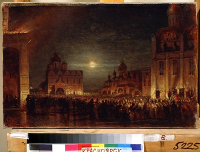 Påskematiner. Samling ved daggry av mengden av utøvere, bærende tente lys, rundt prestene og biskopene, for å feire den liturgiske festen, på et torg innrammet av kirker. Maleri av Alexei Petrovich Bog av Aleksei Petrovich Bogolyubov