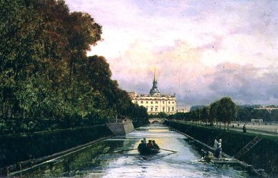 Utsikt over Lebyazhyeva-kanalen mot Mikhailovsky-palasset, St. Petersburg (olje på panel) av Aleksei Petrovich Bogolyubov