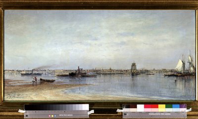 Utsikt over bredden av elven Neva i Saint Petersburg (Saint-Petersburg) i Russland. Maleri av Alexei Petrovich Bogolyubov (Bogoliubov eller Bogolioubov) (1824-1896) av Aleksei Petrovich Bogolyubov
