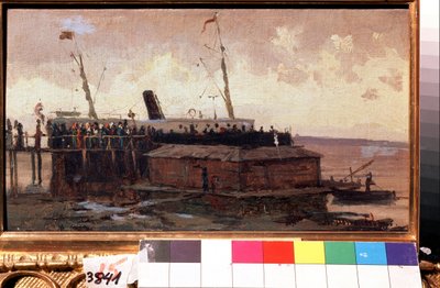 ""Utsikt over en dampbåt ved kai i en havn"" Maleri av Alexei Petrovich Bogolyubov (Bogoliubov eller Bogoliubov) (1824-1896) 1874 State United Art Museum, Kostroma, Russland av Aleksei Petrovich Bogolyubov