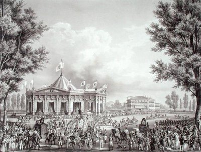 Prosesjon passerer paviljongen reist i anledning kroningen av Ferdinand I (1793-1875) av Alessandro (after) Sanquirico