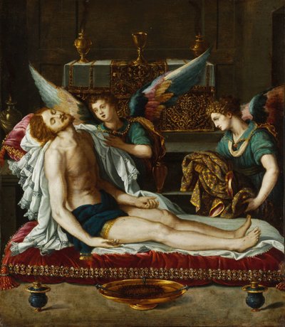 Le Corps du Christ oint par deux anges - Kristi legeme salvet av to engler - Allori, Alessandro (1535-1607) - ca 1593 - Olje på kobber - 45x39 - Szepmuveszeti Muzeum, Budapest av Alessandro Allori
