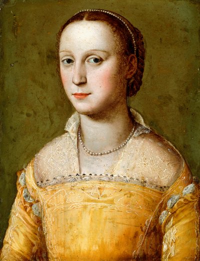Portrett av Eleanora d"Este, halvlang, iført en gullkjole, av Alessandro Allori