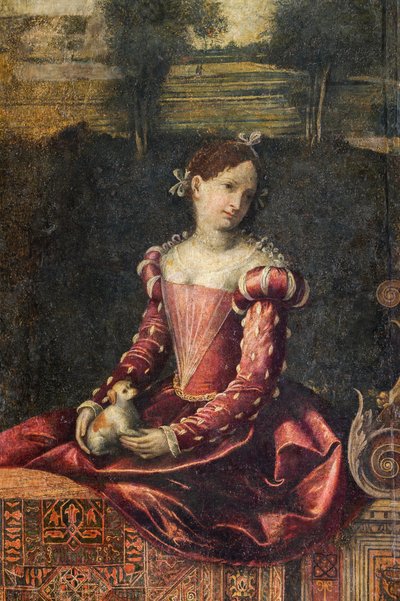 Portrett av en adelskvinne, detalj av Small Room of the Noble Ladies (olje på lerret limt til veggene) av Alessandro Bonvicino Moretto