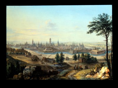 En utsikt over Danzig; Capriccio utsikt over et palass (metall: forsølvet kobber) av Alessandro Greuenbroeck