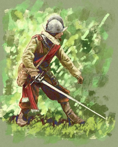 En spansk conquistador-soldat fra 1600-tallet gjennom den søramerikanske jungelen (illustrasjon) av Alessandro Lonati