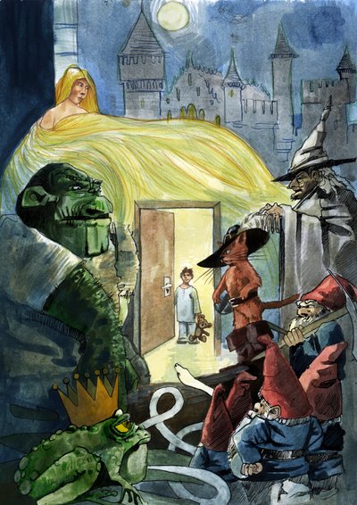 Et barn som stirrer på karakterene i eventyrene som puss i støvler, en prinsesse og en padde, Seven Dwarfs av Alessandro Lonati