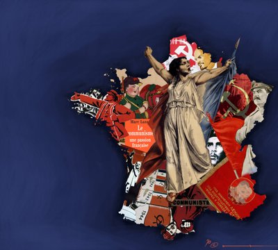 En mariana mot en bakgrunn av kommunistisk collage. Allegori om kommunismen i Frankrike. 2010 Fargetegning av Alessandro Lonati. av Alessandro Lonati