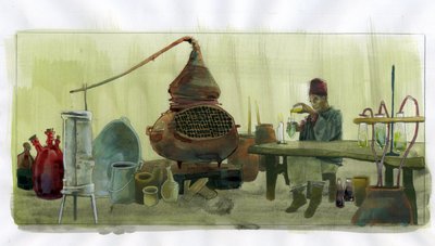 Alkymist i sitt laboratorium med krukker og stillbilde (alkymist i sitt laboratorium med krukker og stillbilde) Illustrasjon av Alessandro Lonati av Alessandro Lonati