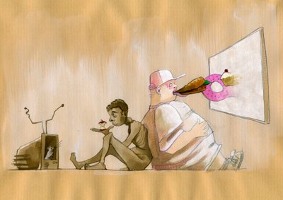 Allegorisk representasjon av vårt delte samfunn som et forbrukersamfunn er overdrevet som en ung vestlig overvektig som svelger fastfood (søppelmat) foran en gigantisk skjerm, adosse en sultende mann som ser desperat på en eplekake foran en TV av Alessandro Lonati