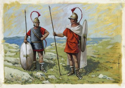 Antikkens Hellas: tureophore leiesoldat (Thureophoros eller Thureophoroi) (3.-1. århundre f.Kr.) (høyre) og Thorakites (Thorakitai) (venstre). Tegning av Alessandro Lonati av Alessandro Lonati