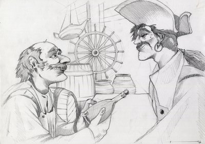 Caraibes pirat på et vertshus med en flaske. Tegning av Alessandro Lonati. av Alessandro Lonati