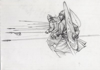 Ansvar for normanniske krigere av infanteriet i slaget ved Hastings i 1066. Tegning av Alessandro Lonati. av Alessandro Lonati
