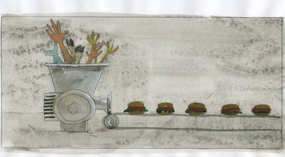 Forbrukersamfunnet: produksjon av søppelmat, hamburger laget med rester av mennesker og dyr (konsumisme: produksjon av søppelmat, hamburger laget av rester av mennesker og dyr) Illustrasjon av Alessandro Lonati av Alessandro Lonati