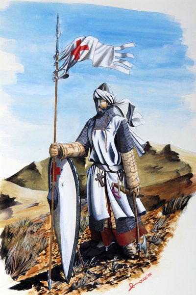 Korstog: en ridder av Templarordenen iført hvit frakk med Røde Kors. Illustrasjon av Alessandro Lonati av Alessandro Lonati