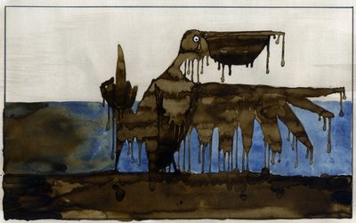 Økologisk katastrofe: en oljet fugl på en strand etter senkingen av en oljetanker Illustrasjon av Alessandro Lonati av Alessandro Lonati