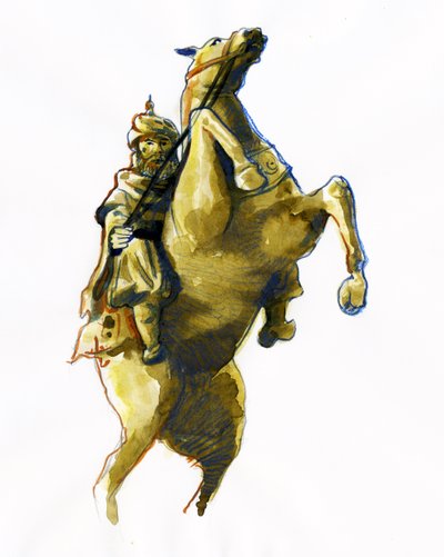 Ridesportrett av Oqba ibn Nafi Al Fihri (622-683) - (Uqba ibn Nafi eller Oqba ibn Nafi, Uqba ibn Nafe, Uqba ibn al Nafia eller Akbah arabisk general) Tegning av Alessandro Lonati