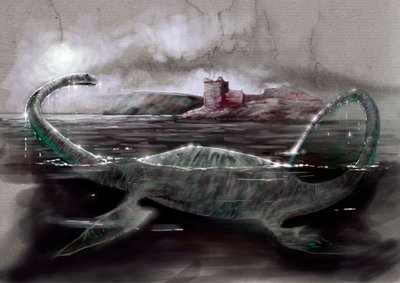 Fantastiske monstre og skapninger, kryptozoologi: representasjon av Nessie, Loch Ness-monsteret i Skottland - Tegning av Alessandro Lonati, 2012 av Alessandro Lonati
