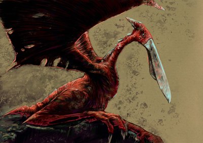 Fantastiske monstre og skapninger, kryptozoologi: representasjon av en kongamato, en flyktig pterosaurlignende skapning som sies å ha blitt sett i Mwinilunga-distriktets Jiundu-sumper i Vest-Zambia - Tegning av Alessandro Lonati, 2012 av Alessandro Lonati