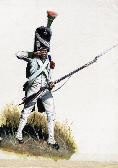 First Empire (1804-1814 og 1815): Velite-soldat fra den store Napoleon-hæren i Italia som åpner en patron. Tegning av Alessandro Lonati av Alessandro Lonati