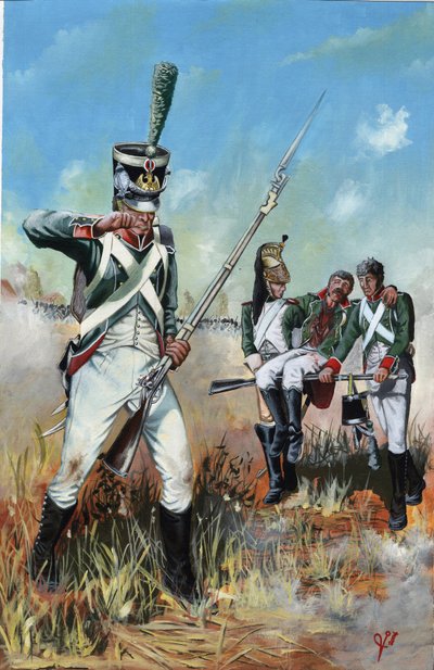 First Empire (1804-1814 og 1815): soldater fra den store Napoleon-hæren i Italia for å hjelpe en såret kamerat. Tegning av Alessandro Lonati av Alessandro Lonati
